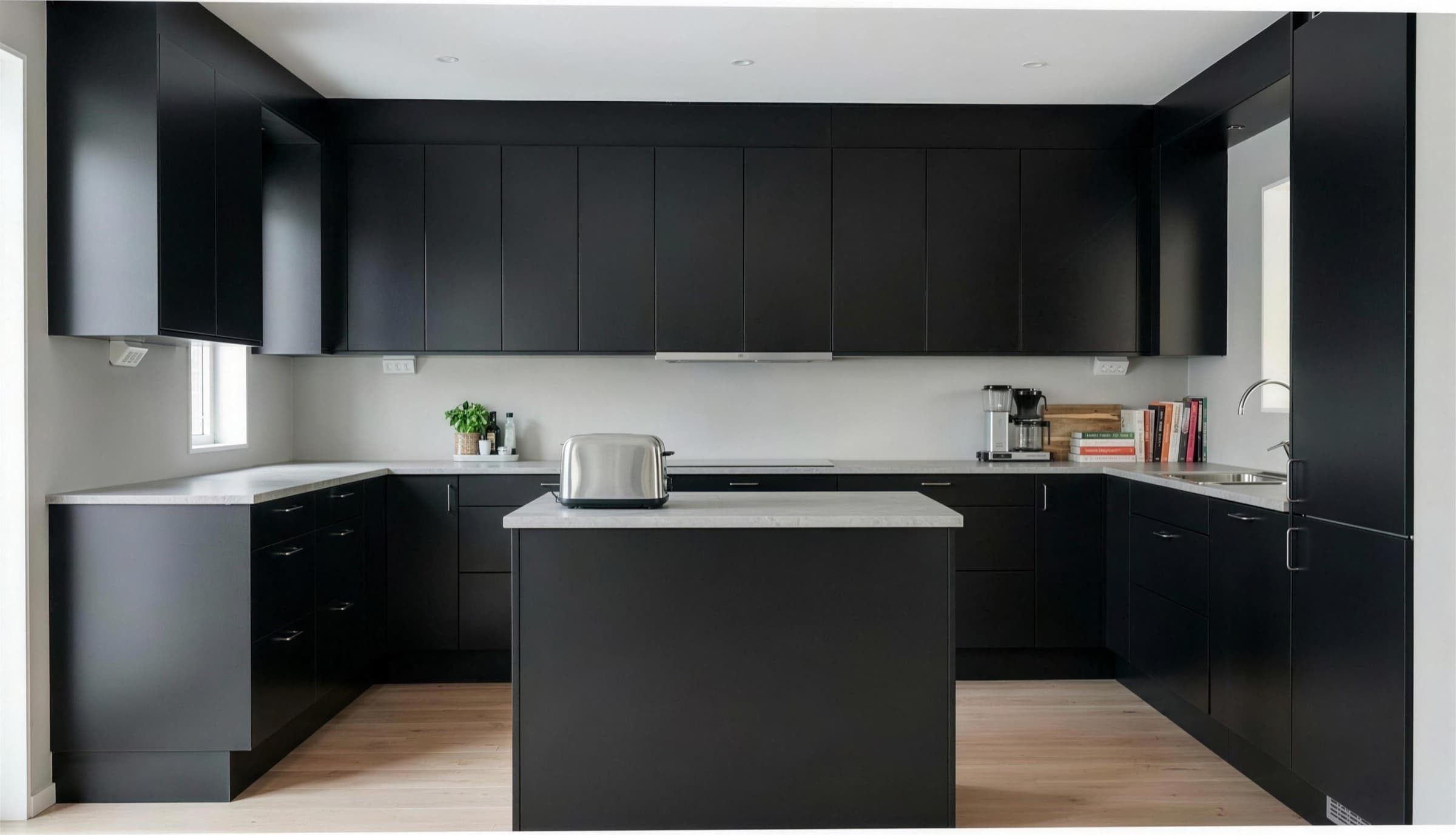 Cuisine rénovée, façades noir mat et plan de travail chêne